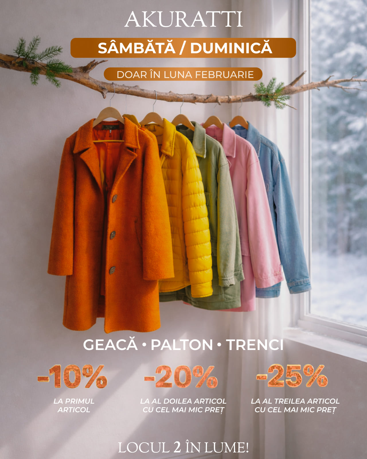SÂMBĂTĂ & DUMINICĂ — îngrijire corectă pentru hainele groase
În fiecare sâmbătă și duminică din februarie, beneficiezi de reduceri progresive la curățarea hainelor groase:
–10% la primul articol
–20% la al doilea articol, aplicat la piesa cu prețul cel mai mic
–25% la al treilea articol, aplicat la piesa cu prețul cel mai mic
Spălarea acasă poate avea rezultate dezastruoase: puful și materialele sintetice se pot strânge, hainele își pierd forma, apar cute și scame, iar aspectul general se degradează rapid.
Nu risca să-ți deteriorezi hainele groase. Adu-le la AKURATTI și redă-le aspectul de nou, în siguranță deplină.
